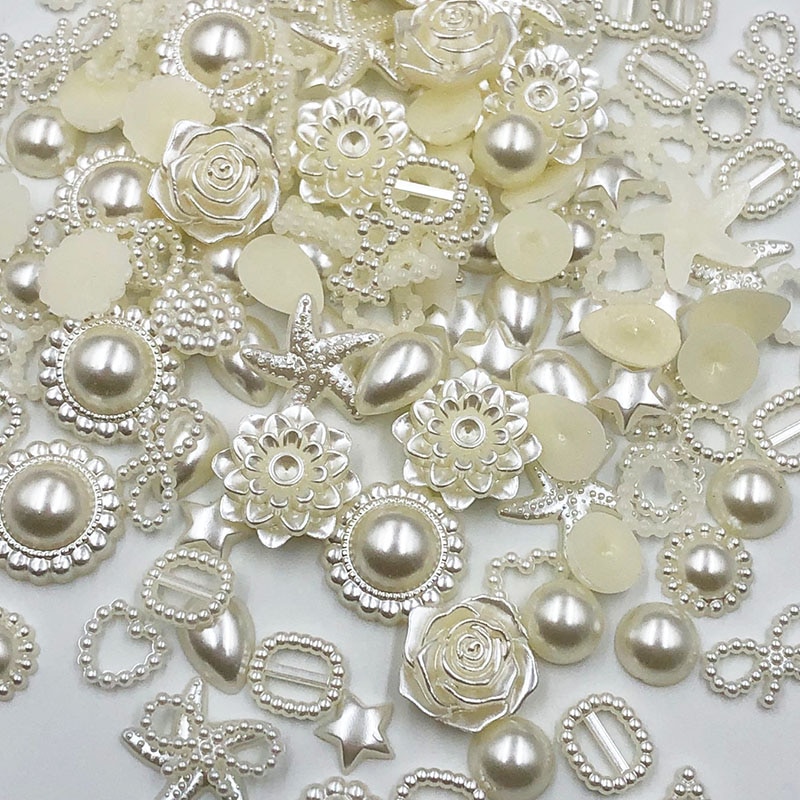 50/100 stk beige abs resin halv rund blomst sløjfe alien perler til kunst flatback non hotfix rhinestones perle sko perler gør-det-selv telefon