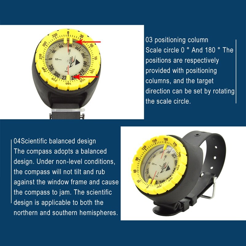 50m Watch Balanced Waterproof Compass Underwater Compass Diving Swimming Scuba Luminous Waterproof Compass