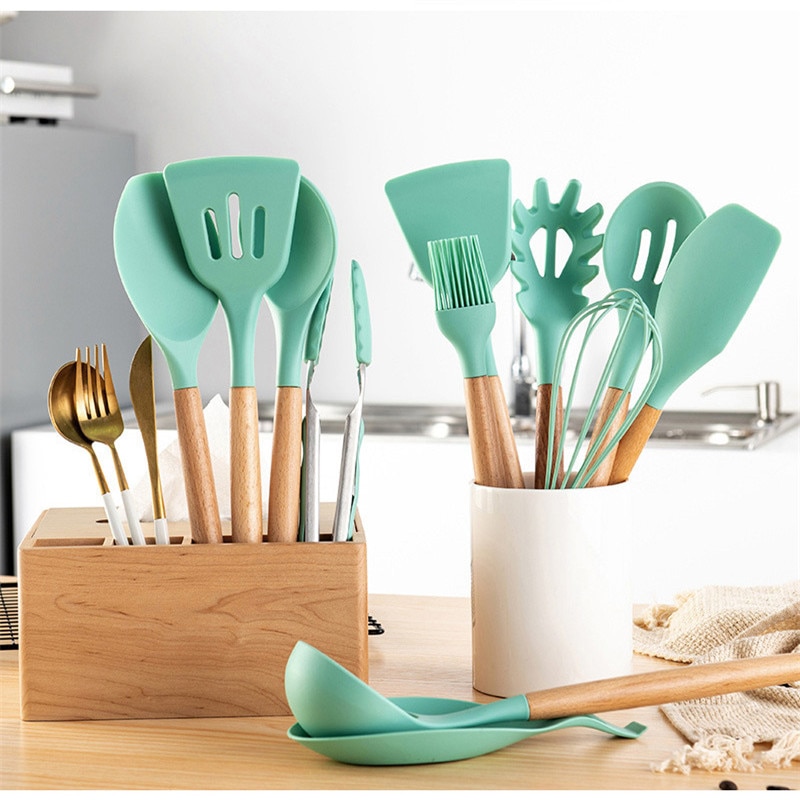Silicon Kitchen Utensil Set 11 Pieces Kitchenware Set with Wooden Handle Nonstick Cookware Green Kitchen Tools
