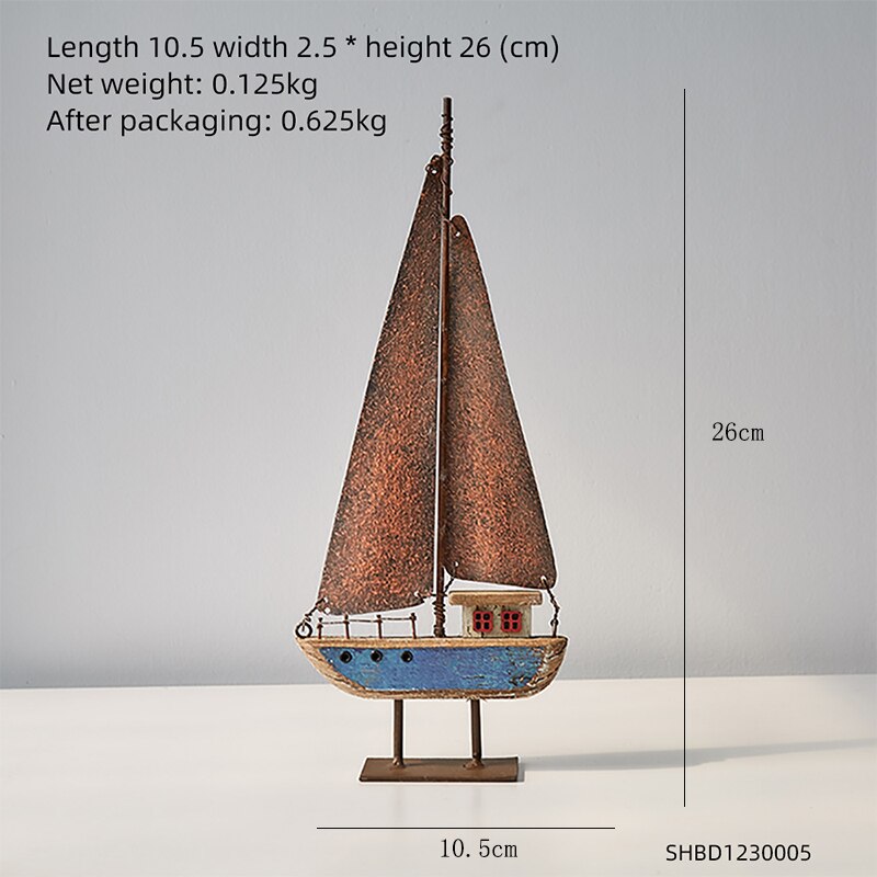 Wooden Ship Model Modern Home Decoration Iron Retro Sailboat Figurines Office Desk Decorative Birthday Christmas: Double sail-blue