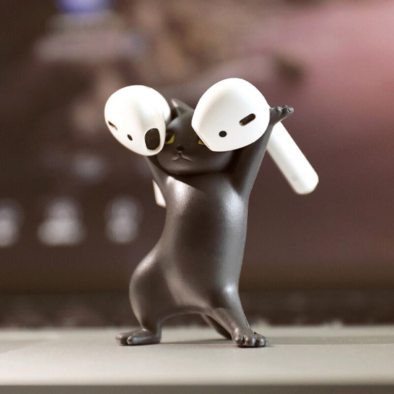 Danse Chat Support D'écouteur Pour AirPods 1 2 3 Casque Bluetooth INS Porte-Plume Afficheur De Bureau Support Mignon Poupée Décoration À La Main: Black