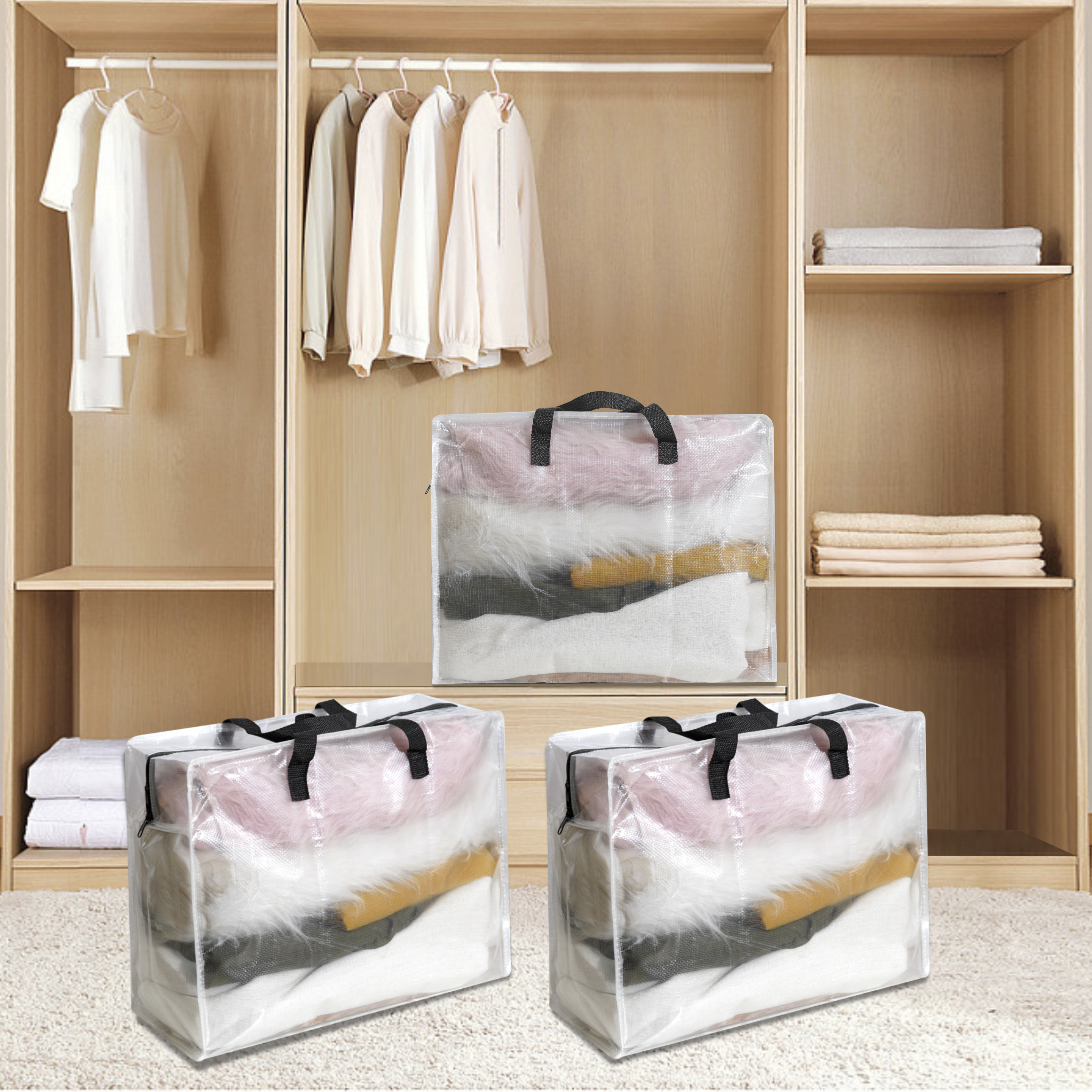 1pcs sacos móveis resistentes com alças reforçadas - alças mais fortes para fácil transporte e armazenamento de roupas - armazenamento transparente