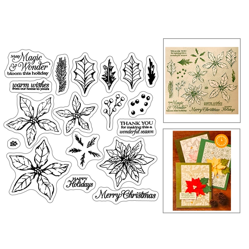 Merry Christmas Leaves Clear Stamps Sets and Sentiment Words Metal Cutting Dies Scrapbooking For Crafts Card Making