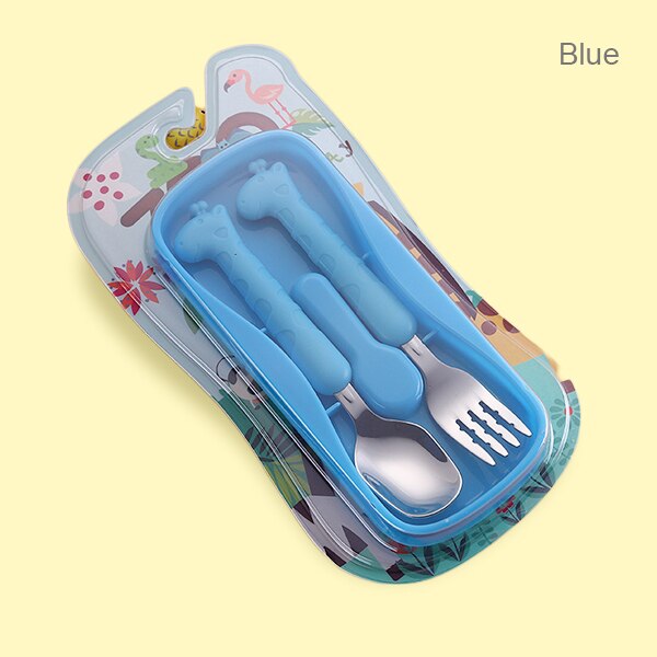 Beeshum Infant Feeding Spoon Fork Baby Gadgets Tableware Set Children Cartoon Utensil Stainless Steel Toddler Dinnerware Cutlery: Blue