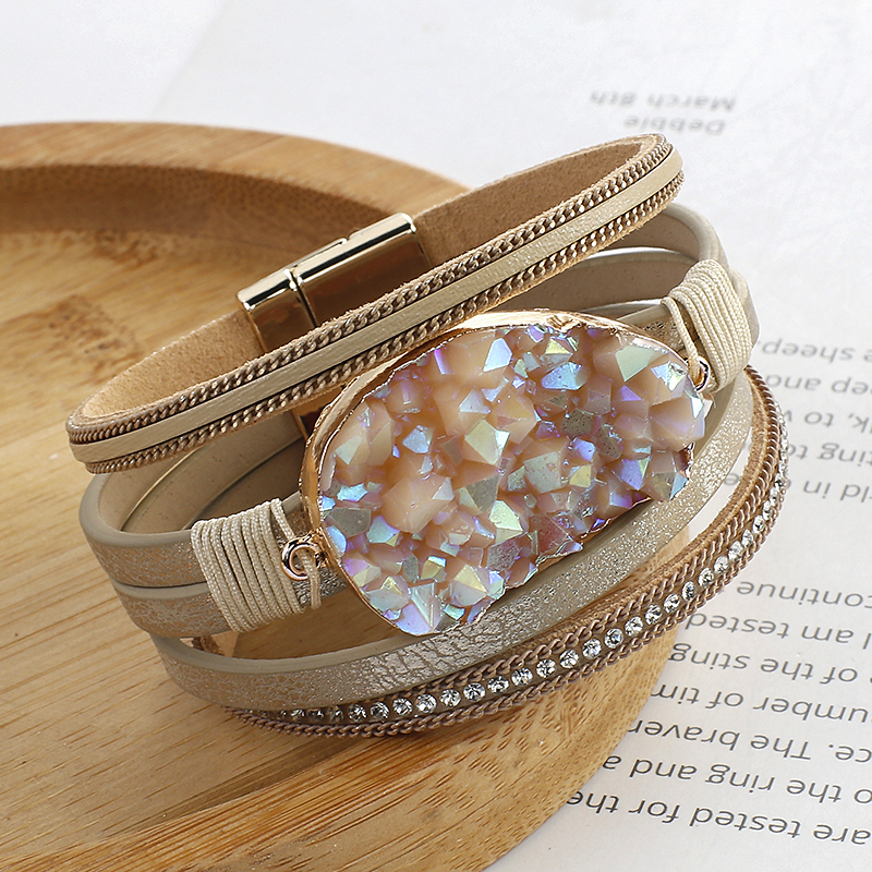 Amorcome-Pulseras de cuero redondas de resina para mujer, brazaletes bohemios multicapa, joyería, dijes,