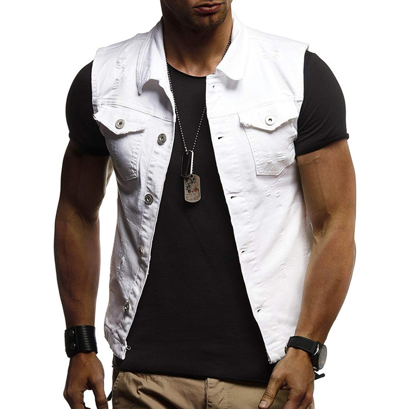 Helisopus automne et hiver manteau en Denim pour hommes classique trou de lavage gilet hommes décontracté sans manches col rabattu gilet