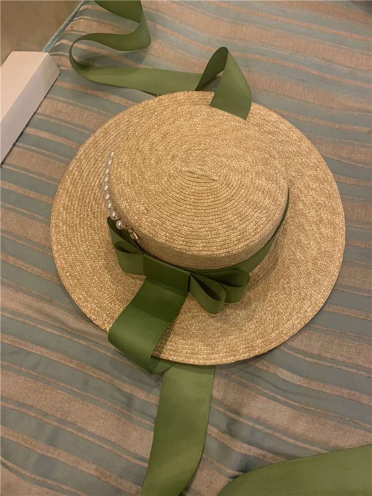 Sombrero de paja con lazo hecho a mano para mujer, gorro largo con lazo para playa, vacaciones, ocio, 01905