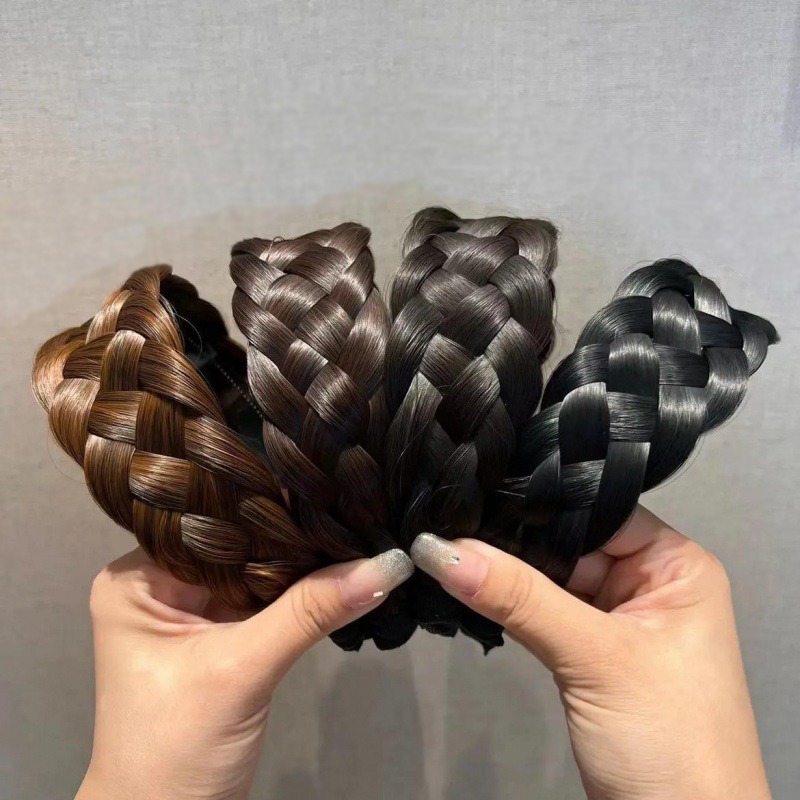 Diademas trenzadas torcidas para mujer, 4,5 cm de ancho, peluca sintética ancha a la , diademas elásticas ajustables, postizos de peinado bohemio