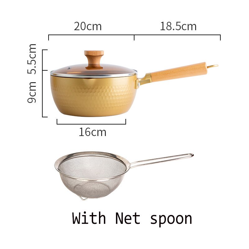 Friteuse Golden Non-stick Sneeuw Pan Baby Koekenpan Instant Noodle Melk Fornuis Met Fluitje Gas Fornuis Soep pot Kookgerei: 20cm with net spoon