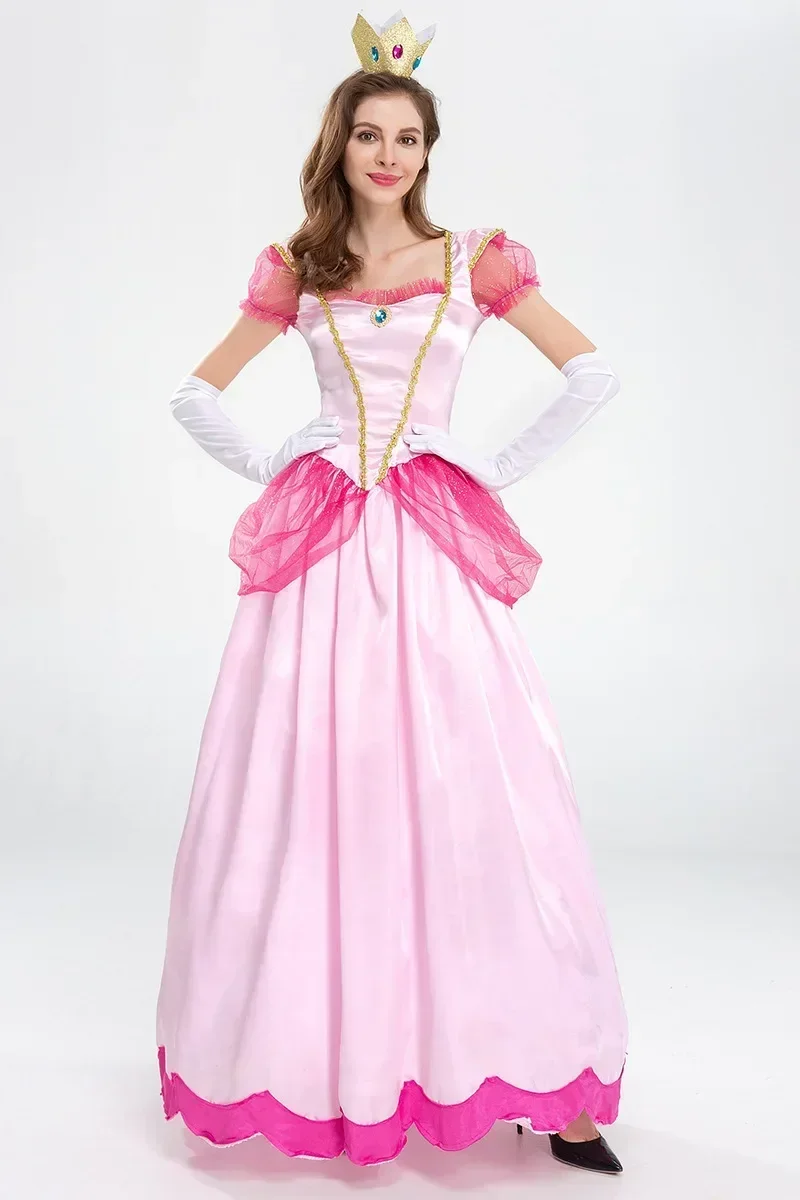Costume da principessa peach per donna, cosplay, festa di halloween, travestimento, abbigliamento per donna, abito rosa elegante