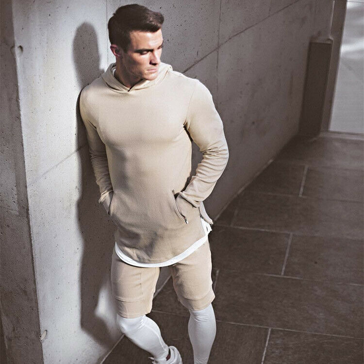 Heren gym dunne hoodie lange mouwen hoodies sweatshirt casual t-shirt fitness tops: Xl / Beige