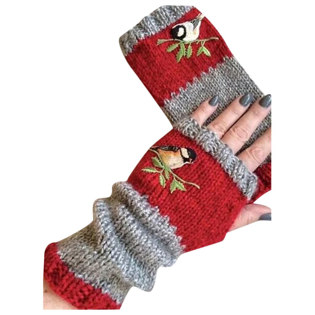 Women's Embroidered Fingerless Gloves Knitting Gloves Opera Little Bird Warm Glove Multicolor Winter Mittens for lady рукавиці: Red