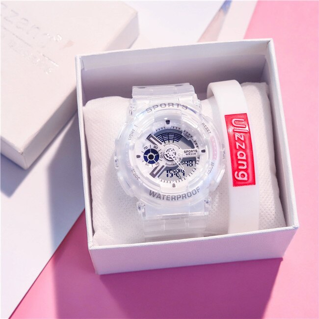 Unieke dameshorloges, wit dames sporthorloge, waterdicht, dual time led digitaal horloge voor meisjes en jongens, trendy: Transparant wit