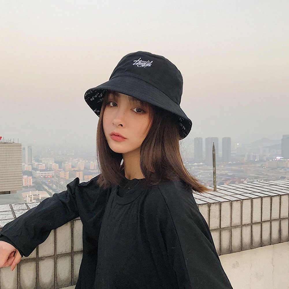 Unisex Outdoor Camping Hiking Bucket Hat English Letters Cotton Reversible Sun Protection Foldable Cap Bucket Hat