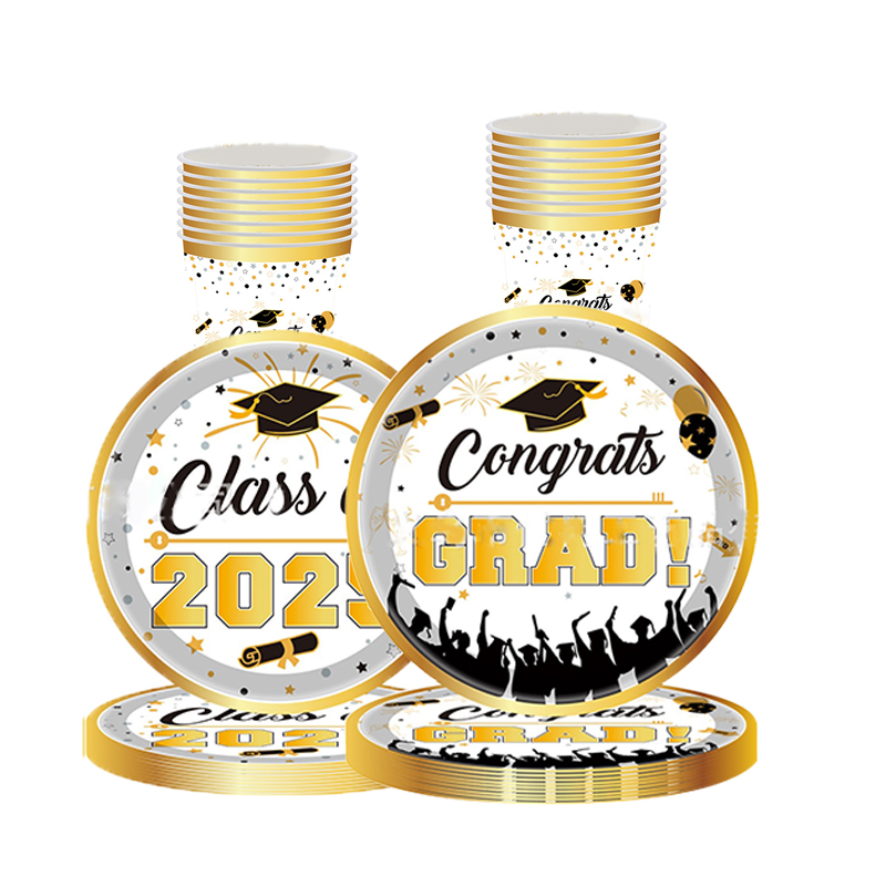 8Guests Gold Graduation Theme Disposable Tableware Congrates Grad Napkin Plate Class Of Happy Graduation Party Supplies