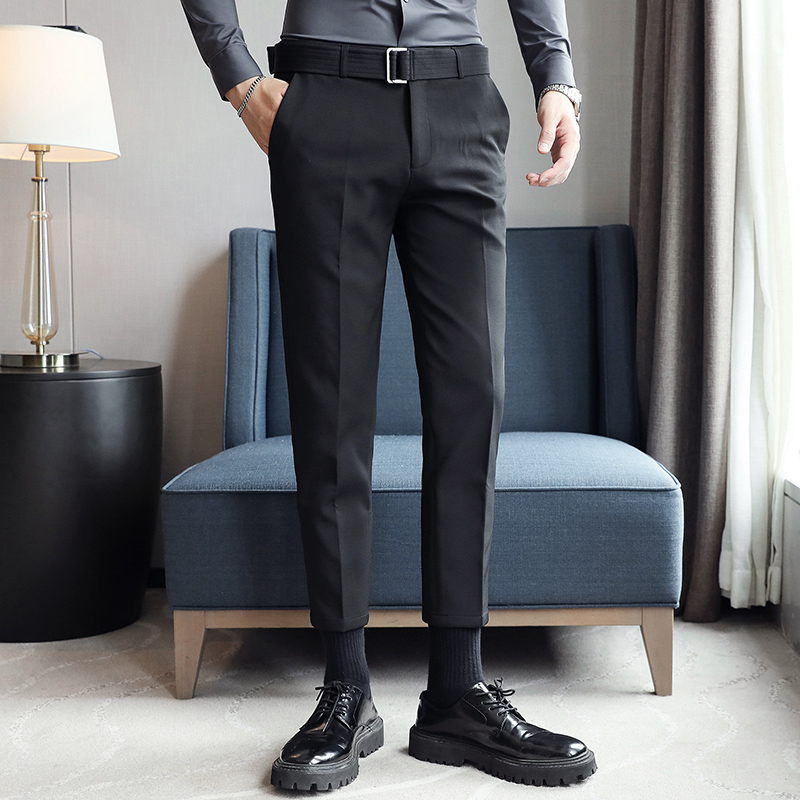 Pantalon de costume avec ceinture pour homme, Style anglais, décontracté, Slim, longueur cheville, noir, automne hiver: 28