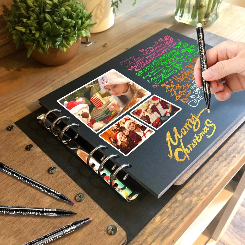 Metalliska tuschpennor konst målarpenna märkpennor 12 olika färger metalliska pennor för att göra svarta kort, scrapbooking hantverk, bok, gl.