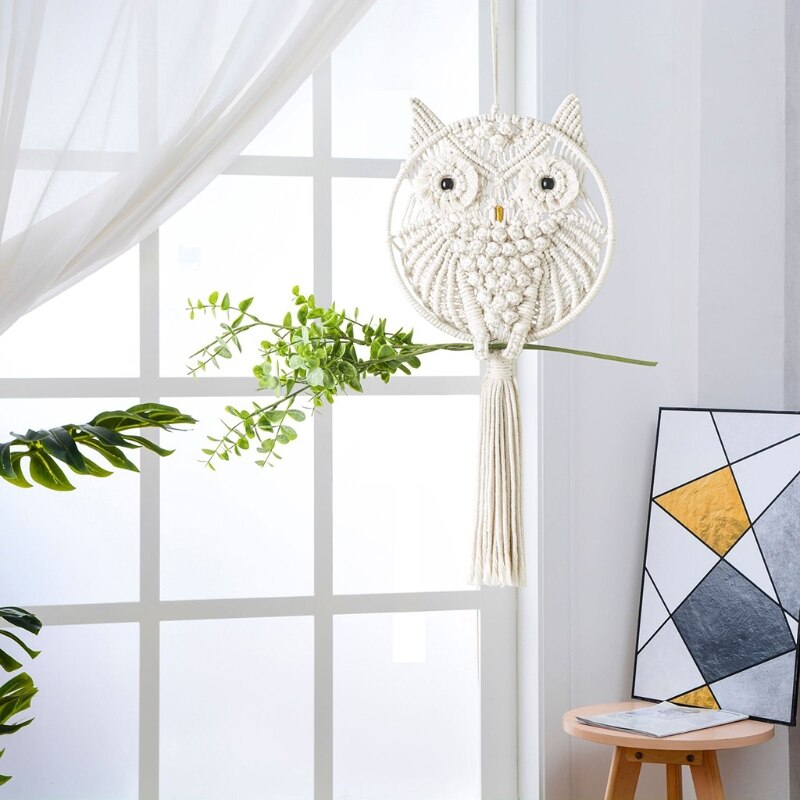 Atrapasueños de búhos, macramé de algodón, colgante para pared de macramé, decoración tejida a mano, amuleto de búho, accesorios de decoración del hogar