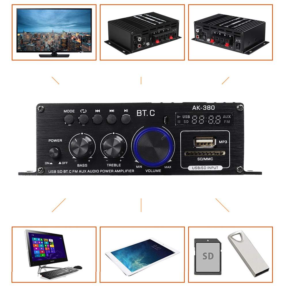 AK380/AK370/AK170 400W * 2 2 Kanaals Bluetooth Hifi Eindversterker Thuis Auto Audio Klasse D afstandsbediening Fm Radio Aux Usb/Sd