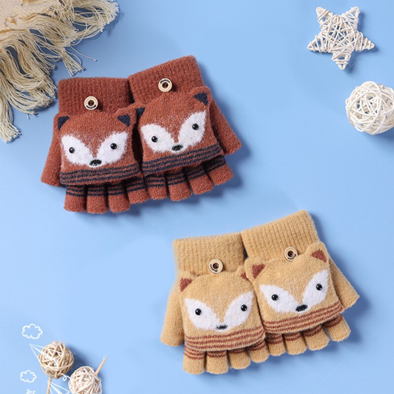 Kinderen Winter Gebreide Convertible Handschoenen Kerst Cartoon Vos Warme Zachte Gevoerd Flip Top Vingerloze Wanten Baby Handschoenen 6-10T