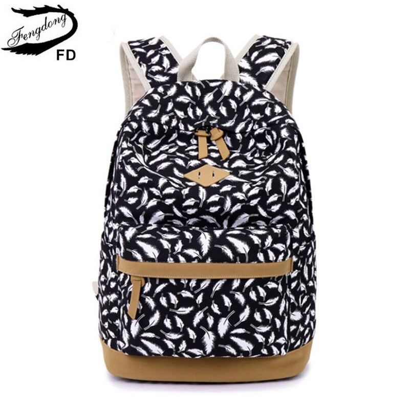 FengDong children's backpack kids bag school bags for girls feather printing canvas backpack for laptop book bag girl schoolbag