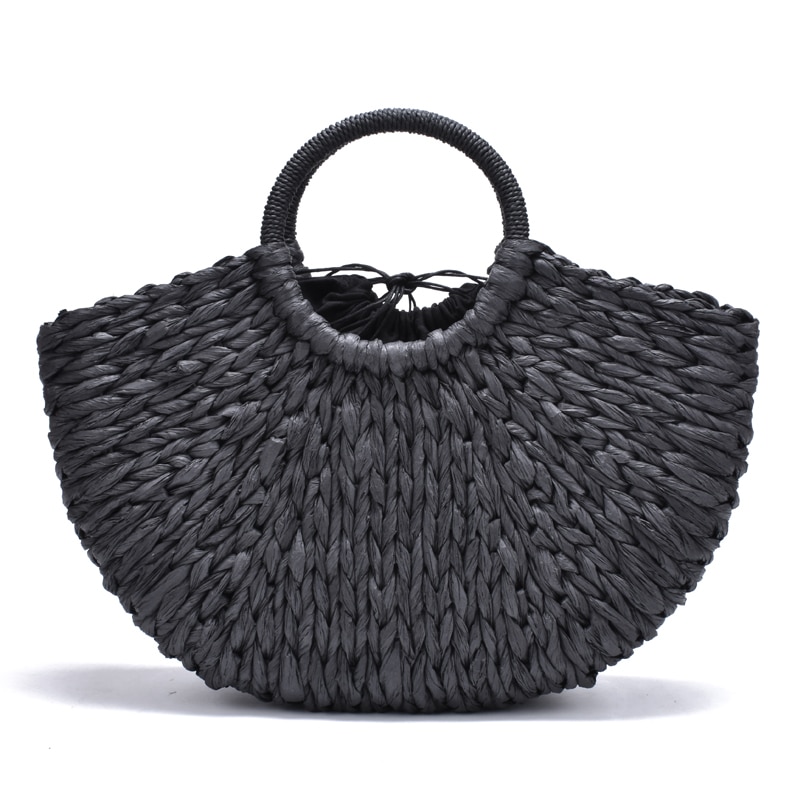 Sac de plage en forme de lune pour femmes, sac fait main à Pompon, tissage de plage, enveloppé en paille en papier,