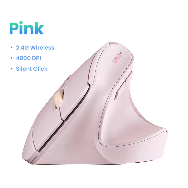 UGREEN Vertical Wireless Mouse 2.4G Ergonomic 4000DPI 6 Mute Buttons for MacBook Tablet Laptops Computer PC Mice Black Pink: Pink