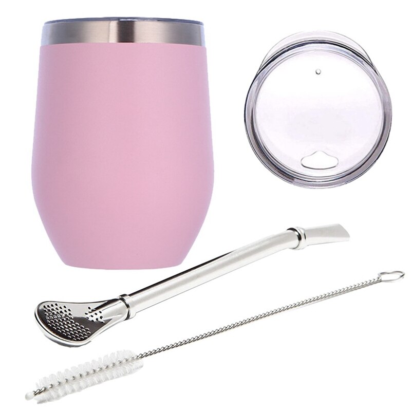 Double-Wall Stainless Yerba Gourd Mate Tea Set Water Mate Tea Cup with Lid Spoon Straw Bombilla Head Filter Brush: Pink