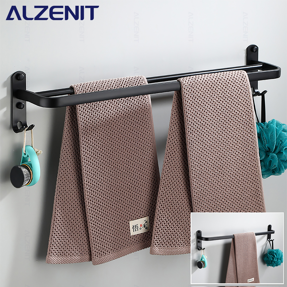 Handdoek Bar 40-60Cm Dubbele Stang Rail Rack Met Haak Wall Mount Holder Badkamer Accessoires Matte Zwarte Douche hanger Aluminium Plank