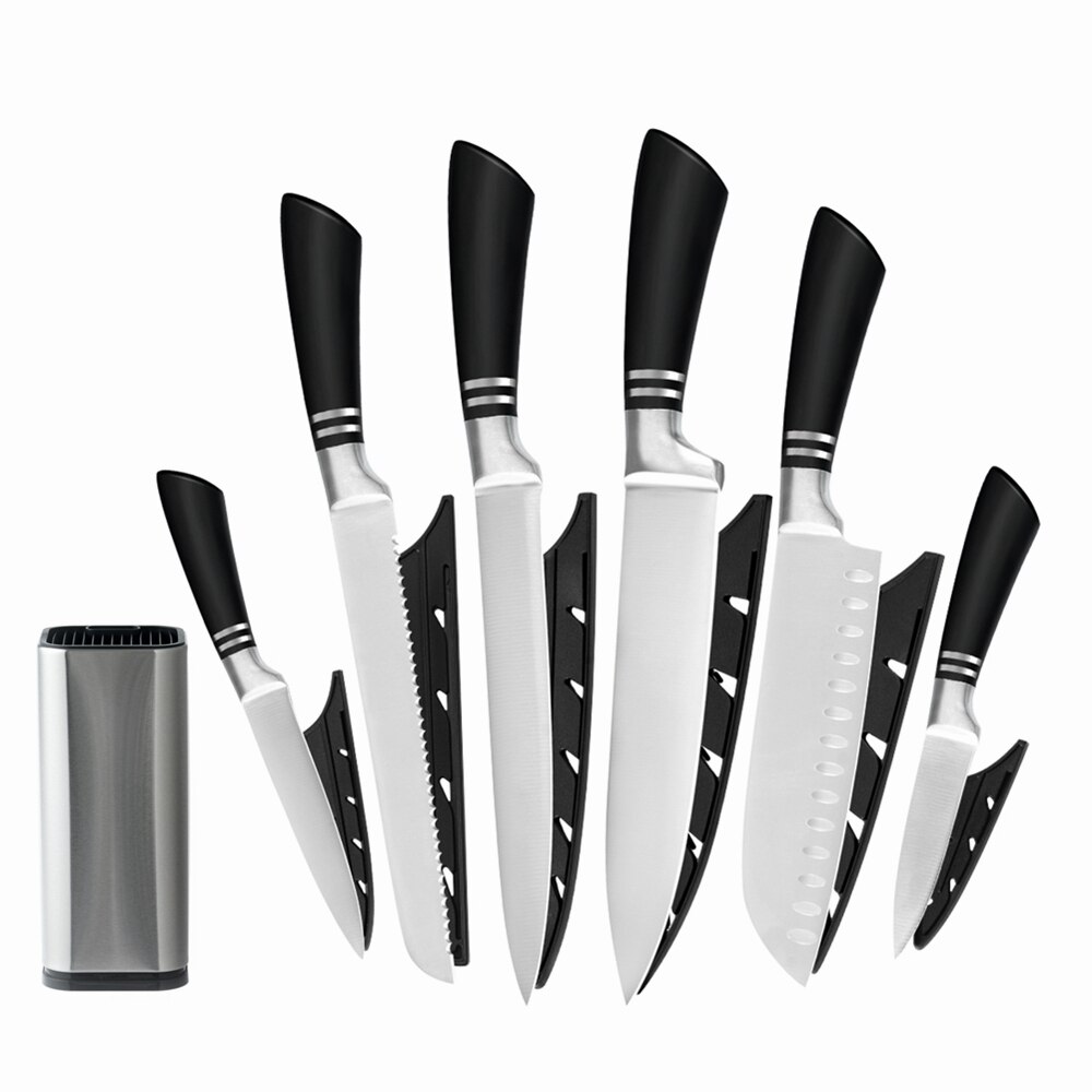 Xyj køkken rustfrit stål 7 stk kokkekniv sæt 8 ' ' skærebrød kok 7 '' santoku 5 ''utility 3.5 '' vægholder til skærekniv: C
