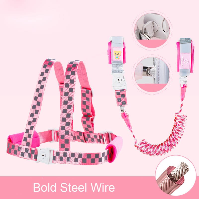 Anti Lost Wrist Link With Key Lock Toddler Leash Safety Harness Baby Reflective Strap Rope Children Walking Hand Belt Band: Pink / 1.5M