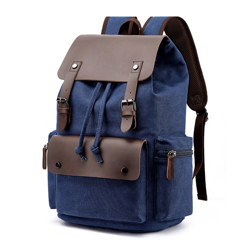 Canvas-rucksack für herren, großes fassungsvermögen, geeignet für laptops bis 17 zoll, kordelzug, lederhülle, reiserucksack, schulrucksack: Tiefes blau