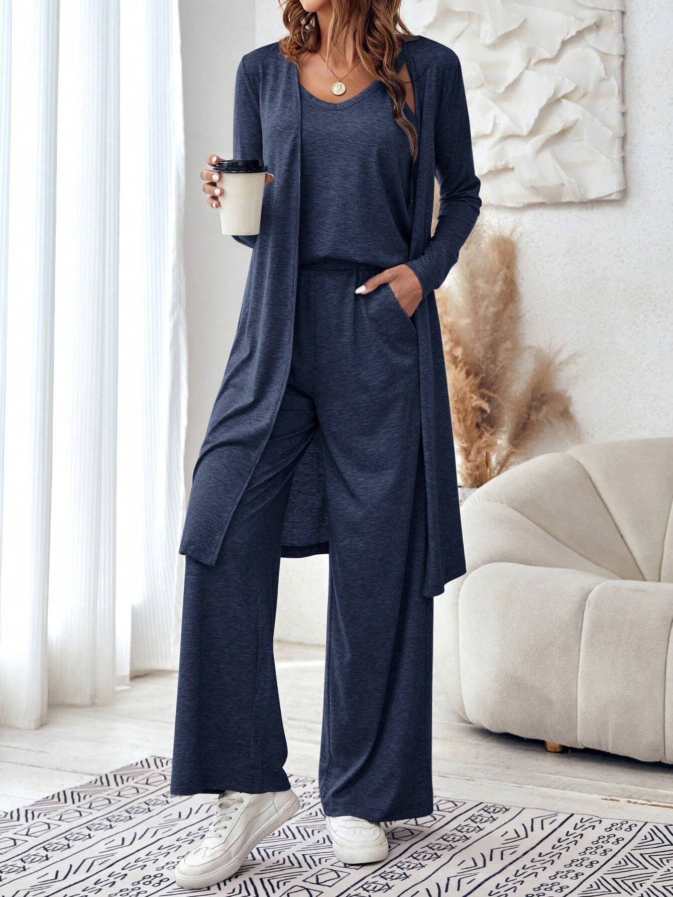 Autumn casual loose three piece set women's vest pants cardigan three piece set V-neck suspender+straight leg pants+