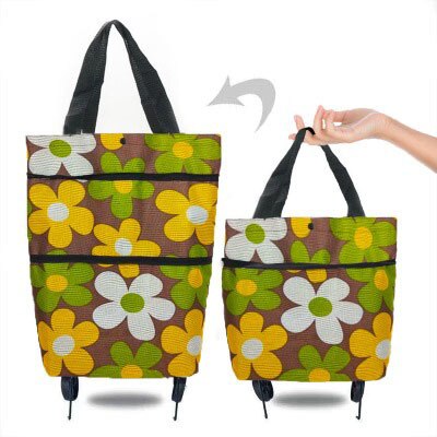 Sac de courses pliable, chariot de courses, achat de nourriture, sac sur roues, sac de légumes, organisateur de Shopping, sac Portable, paquet de traction: Brown flowers S