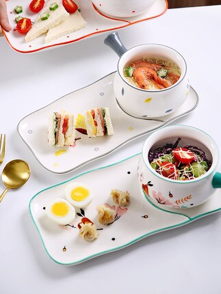 Plats de petit déjeuner créatifs avec la poignée bol en céramique ins vaisselle mignonne
