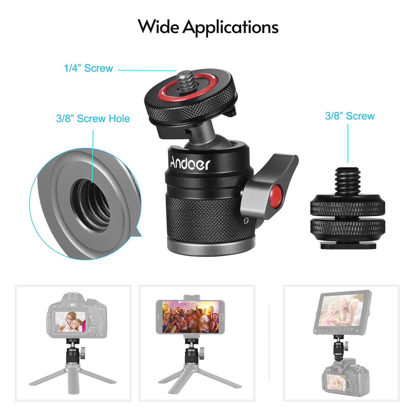 Mini adaptador de cabeça de esfera andoer, adaptador de sapata fria com rotação 360 °, liga de alumínio, parafuso de 1/4 "e 3/8" para monitor de câmera