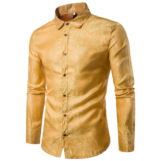 Purple Paisley Floral Print Silk Shirt Men Slim Fit Long Sleeve Mens Dress Shirts Party Event Male Social Shirt: Yellow / L