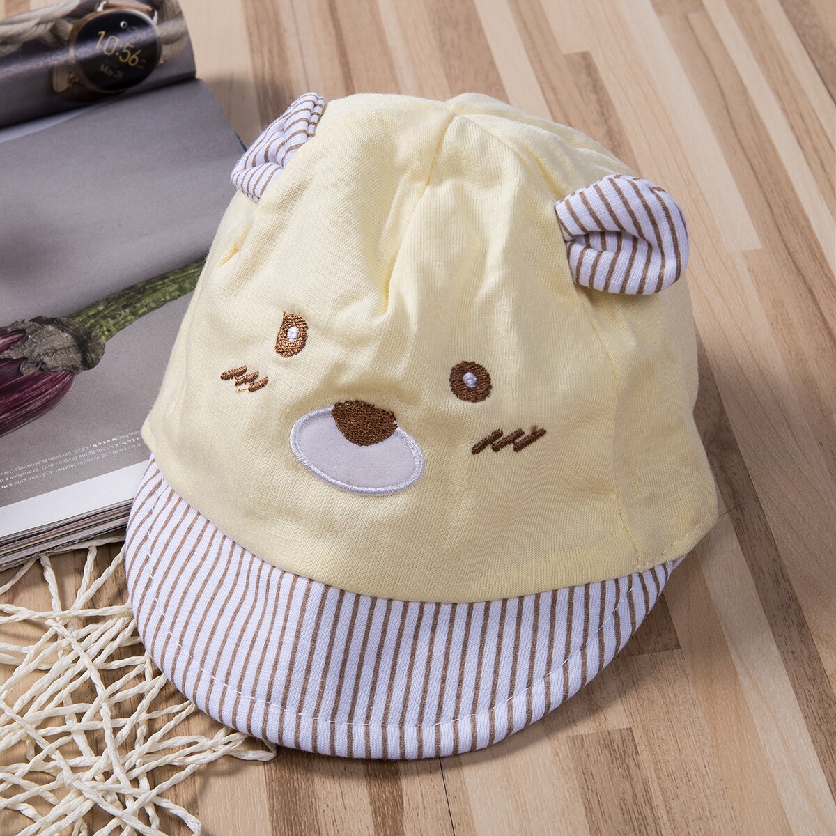 Berretto da Baseball a righe in cotone Unisex a 4 colori cappello da sole a forma di orso carino per neonato Casual con orecchie cappello da bambino in cartone animato: YELLOW