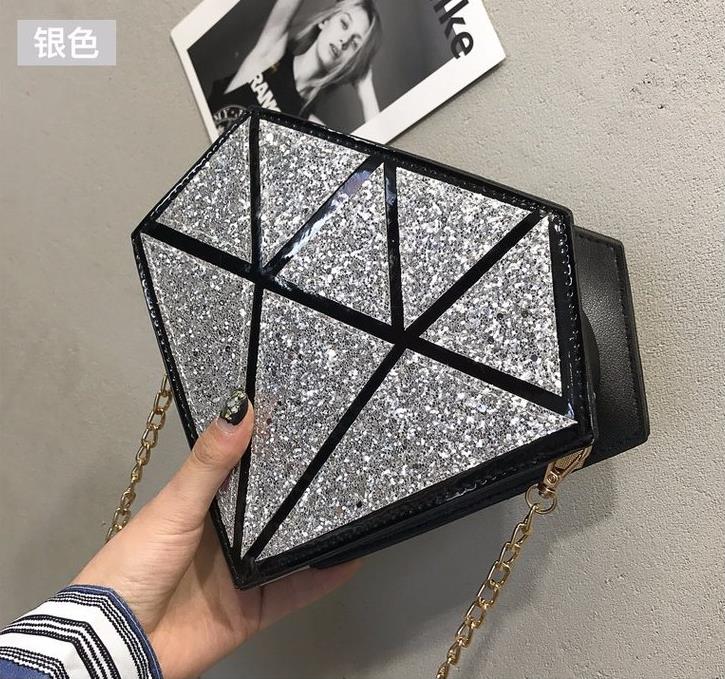 paillettes diamant forme Pu cuir géométrique femmes bandoulière Mini sac de messager sac à bandoulière femme chaîne sac à main: Silver