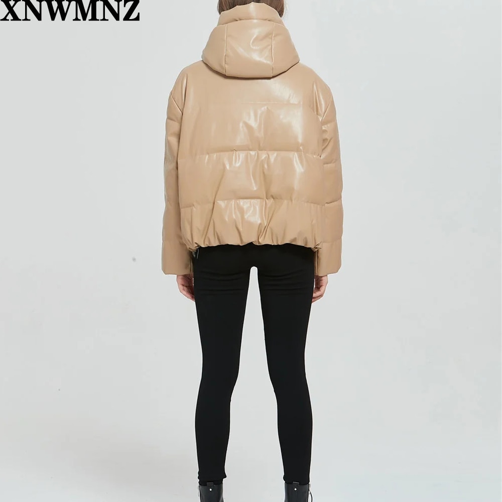 Za dames zwarte bontjas van imitatieleer oversized met rits winterjas met dikke pu-hoodie