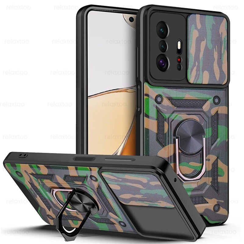 Mi11T Case Slide Camera odporny na wstrząsy pancerz Coque dla Xiaomi11T Xiaomi Xiomi Mi 11 T 11 T Pro magnetyczny uchwyt samochodowy pierścień Protect Shell: For Redmi K40S / Camouflage Green-03