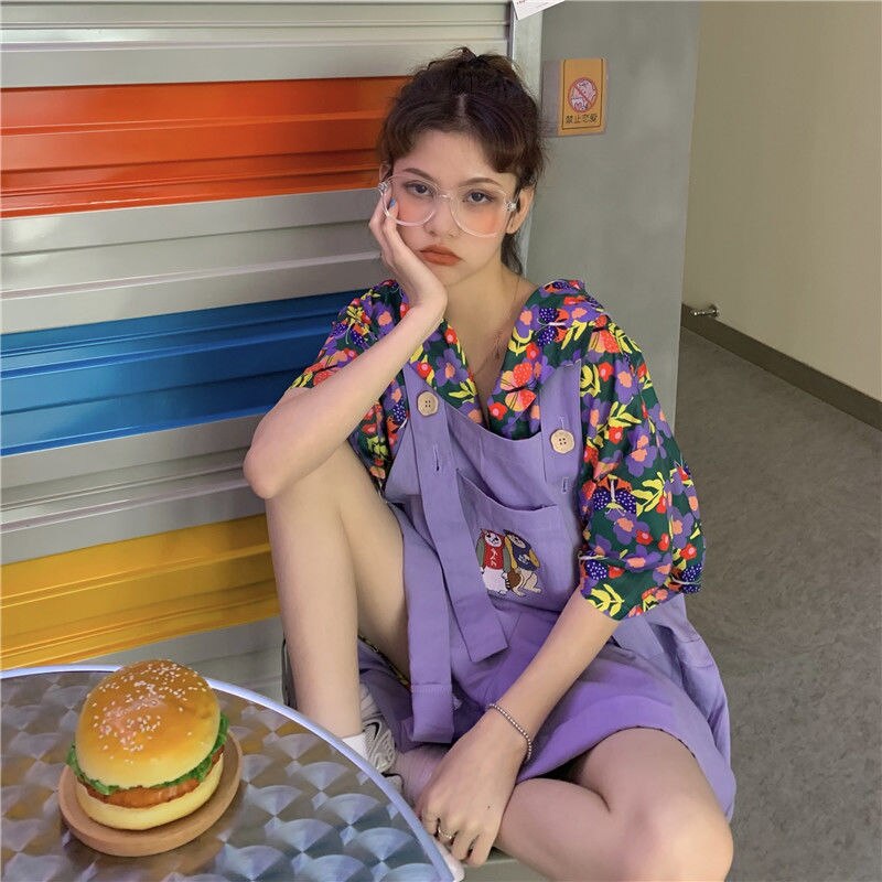Monos Harajuku morados Ulzzang para mujer, Pelele de dibujos animados de gran tamaño, estilo universitario, trajes para mujer