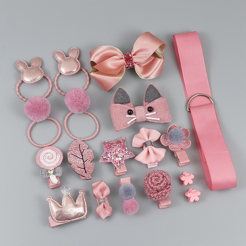 Conjunto con rizador de pelo para niña, accesorios bonitos para el pelo sombreros de niña, lazo de flores, horquillas animales, banda para el pelo, tocado elástico de dibujos animados, , 18 piezas: 18pcs-1 Han Pink