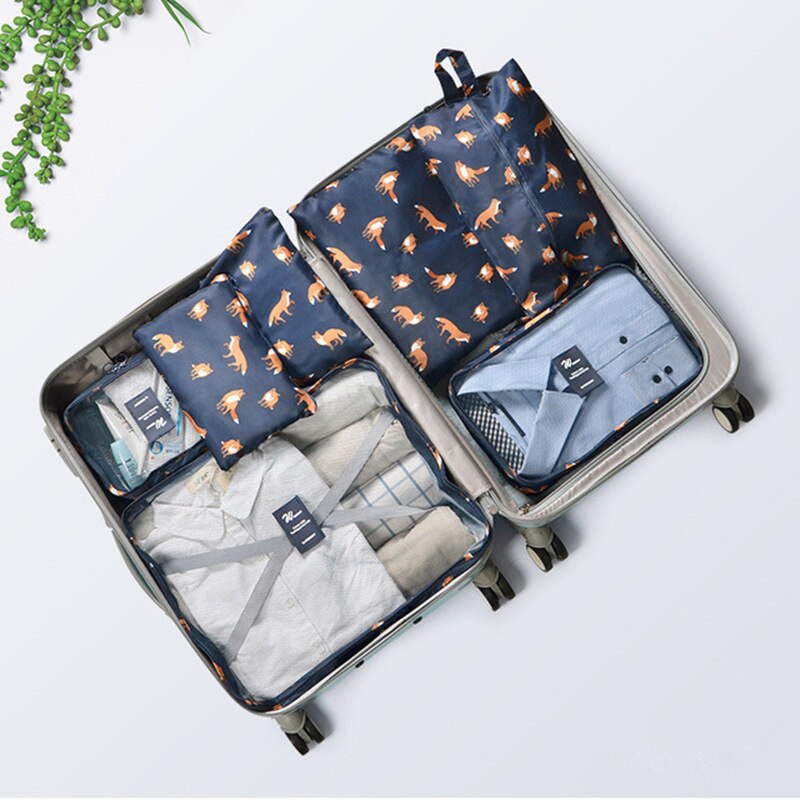 7 pçs/set organizador de viagem roupas kit acabamento partição portátil bolsa saco cosméticos sacos armazenamento acessórios viagem para casa: Navy fox