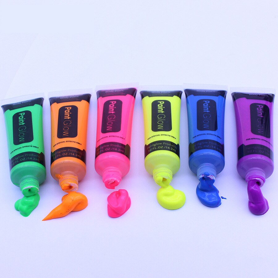 Pintura de arte corporal UV que brilla en la oscuridad, neón, 6 colores, 19ml, pintura fluorescente facial, maquillaje de Halloween, Navidad