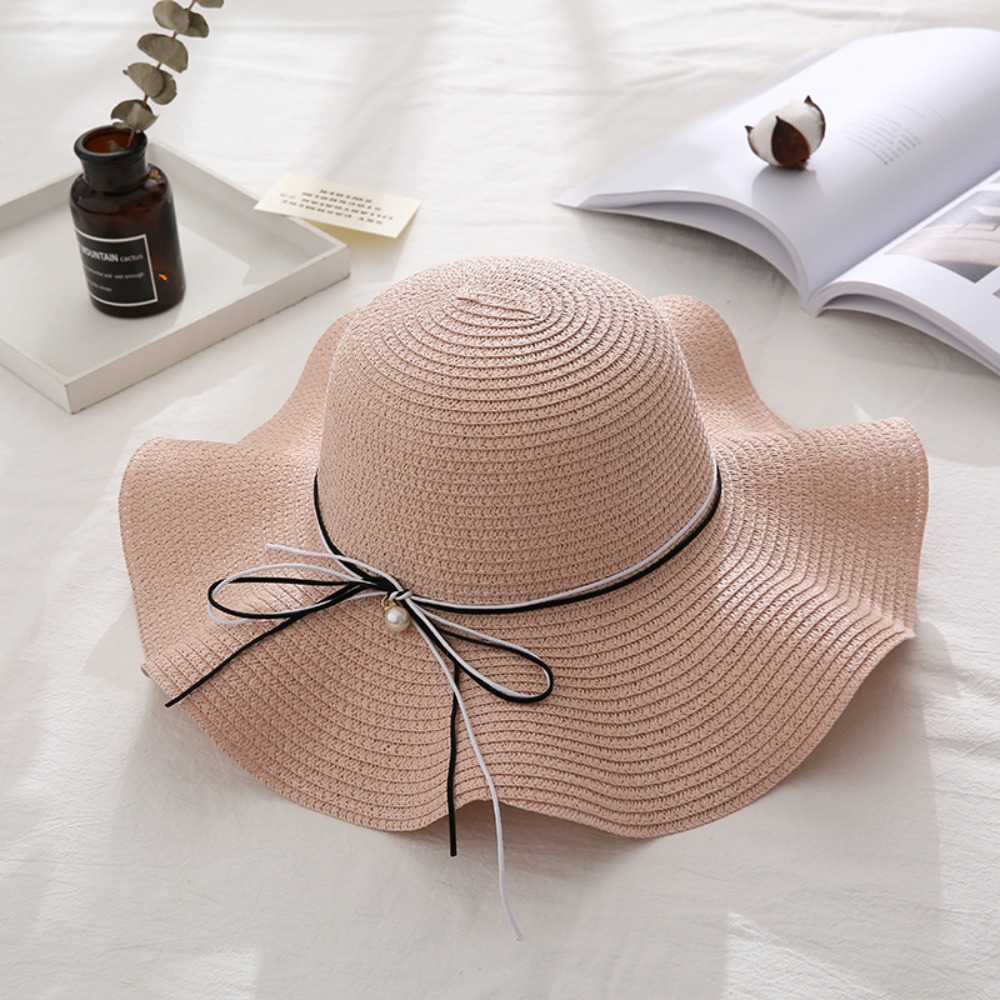 Trendy French Style Pearls Strap Straw Hat Wide Brim Beach Folding Straw Hats Spring Summer Travel Women's Sun Hat Girls: WHITE