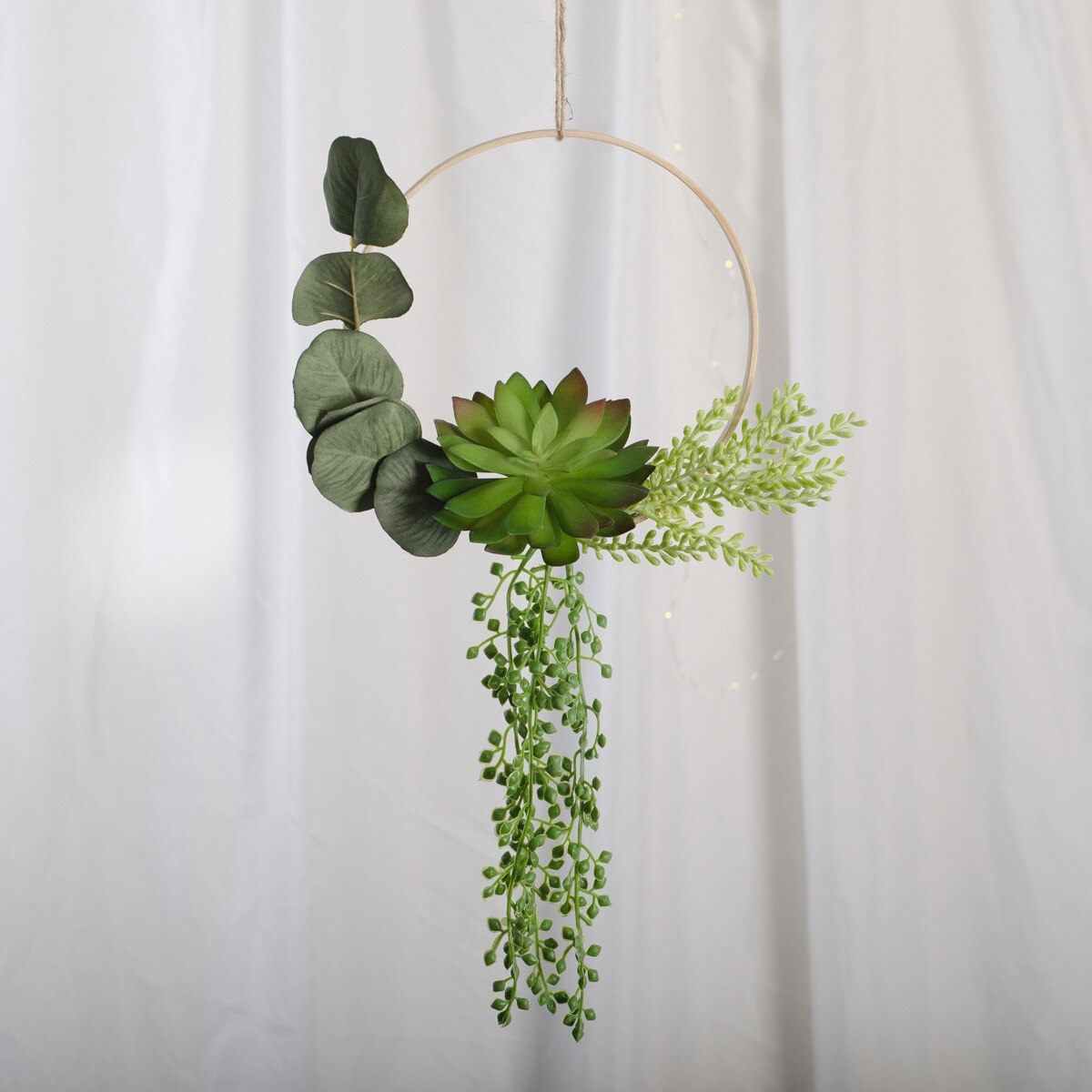 Cilected Artificial Succulent Hanging Plants Decor Wedding Wreath With Drooping Leaves Bamboo Hoop Garland For Wall Decoration: Color7