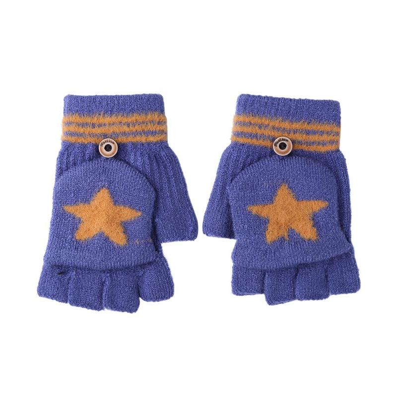 2 pçs inverno flip dedo luvas espessadas luvas de esqui estrelas dos desenhos animados mão muff: Blue