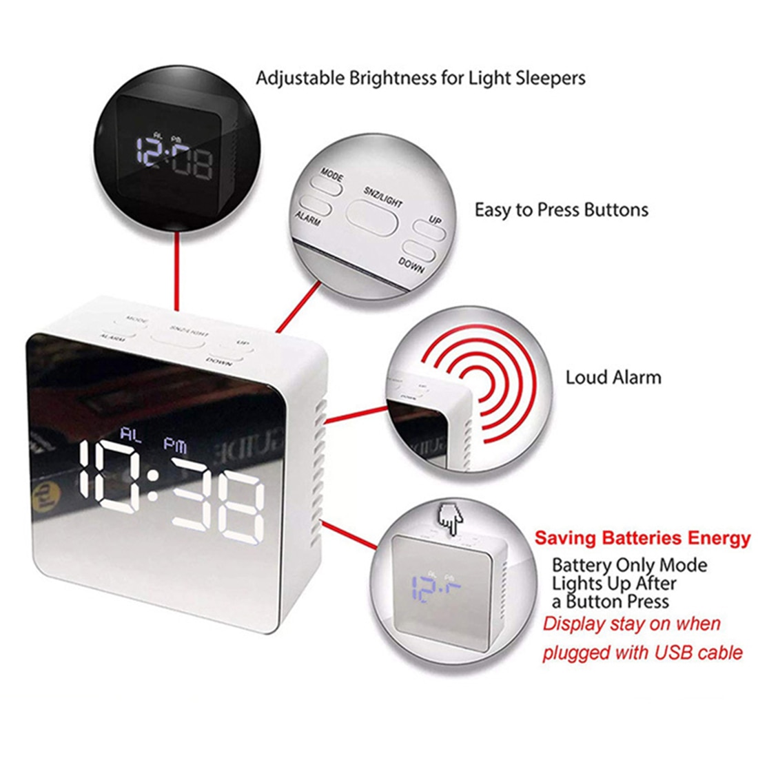 Mirror LED Clock LED Mirror Alarm Clock with Dimmer Snooze Temperature Function for Bedroom Office Travel Digital Home