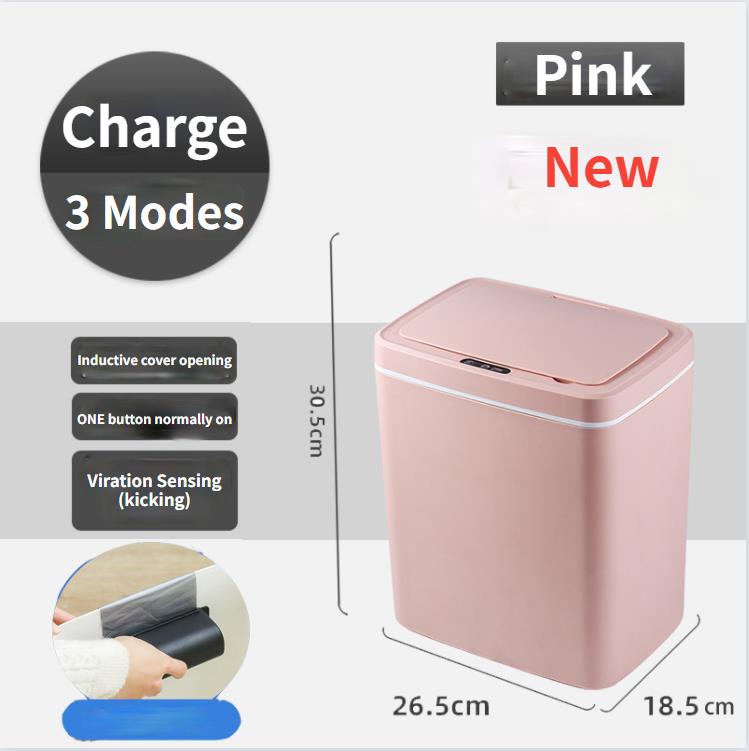 12/14/16L Intelligent Trash Can Automatic Sensor Dustbin Sensor Electric Waste Bin Home Rubbish Can for Kitchen Bathroom Garbage: Charging Pink / 16L